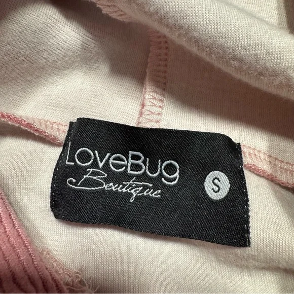 LoveBug Boutique Women's Ribbed Pink Hoodie with Lace Cream Drawstrings - Picture 9 of 9